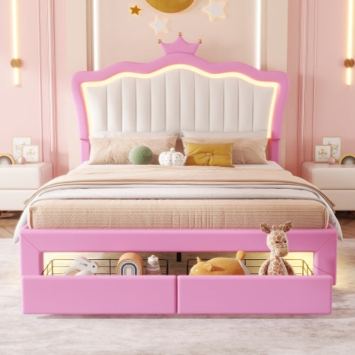 NEW Full Size Upholstered Bed Frame With LED Lights, Modern Upholstered Princess Bed With Crown Headboard, 2 Drawers