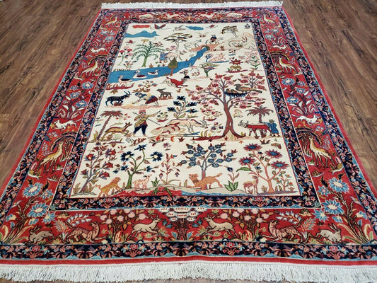 USED Antique Persian Isfahan Rug 5x7, Animal and Human Pictorials, Hand Knotted Fine Oriental Wool Carpet, Cream and Red, High KPSI, Vintage Rug 5 x 7 ft