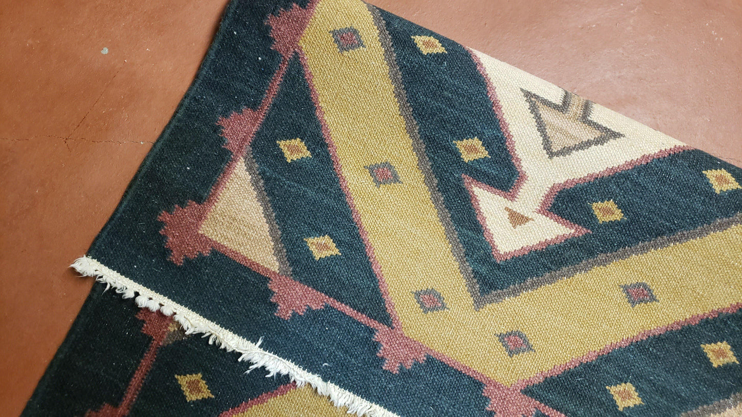 USED Vintage Indian Kilim Runner Rug, Geometric Flatweave Hand-Knotted Wool Kitchen Hallway Runner, Black Gold & Beige, 2' 8" x 9' 9"