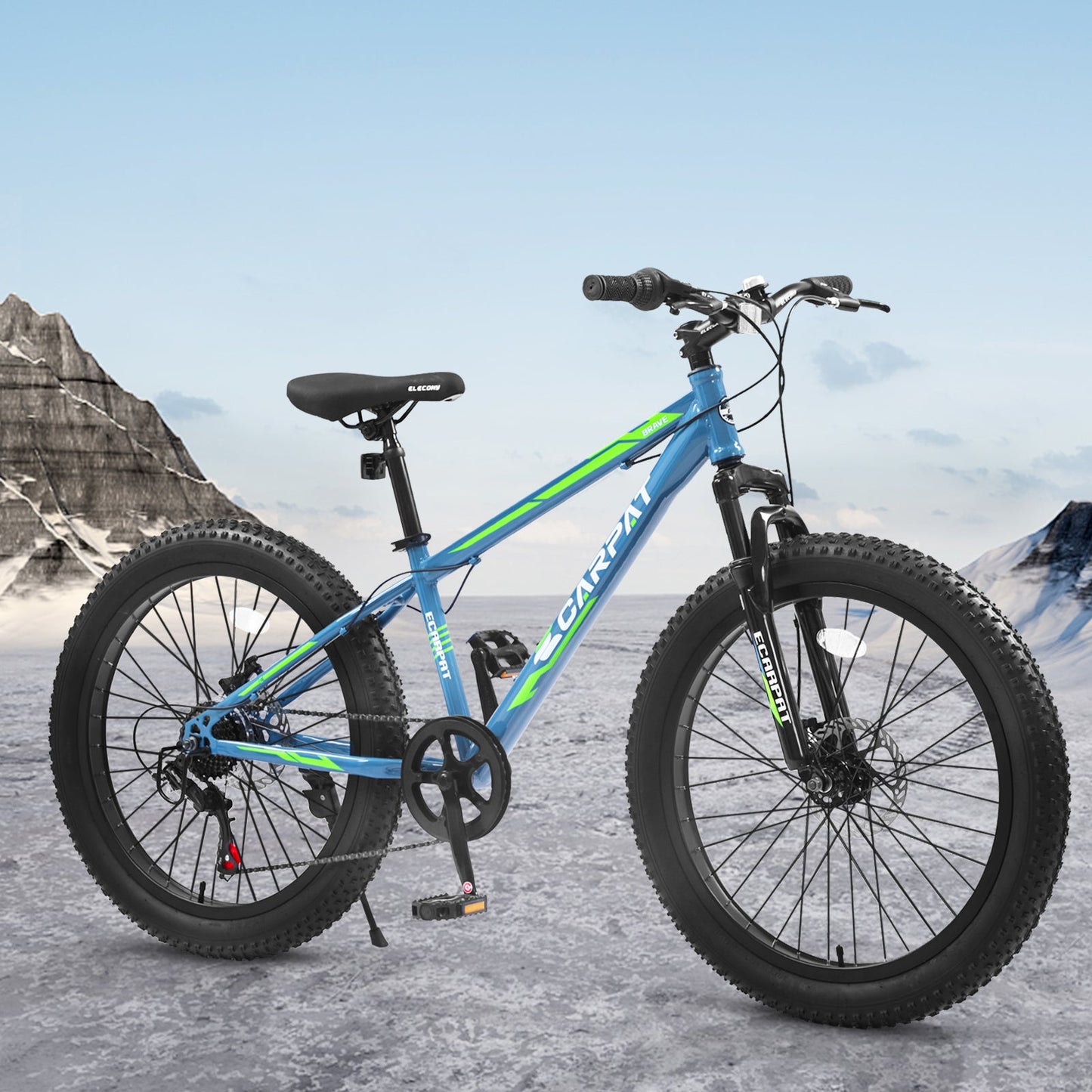 NEW S24109 Elecony 24 Inch Fat Tire Bike Adult/Youth Full Shimano 7 Speeds Mountain Bike, Dual Disc Brake, High-Carbon Steel Frame, Front Suspension, Mountain Trail Bike, Urban Commuter City Bicycle