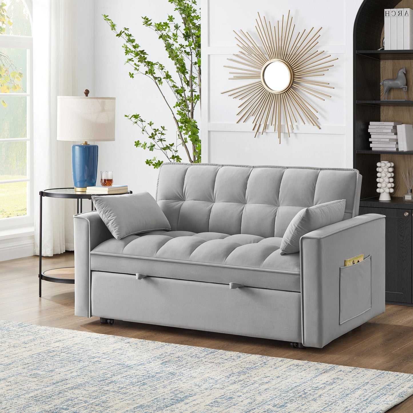 NEW 4 in1 Loveseat Sofa Bed with Armrests & Storage Pockets, Multi-Function Tufted Pull-out Sofa Bed with Adjustable Backrest and Pillows, Convertible Loveseat Sofa Couch, Gray