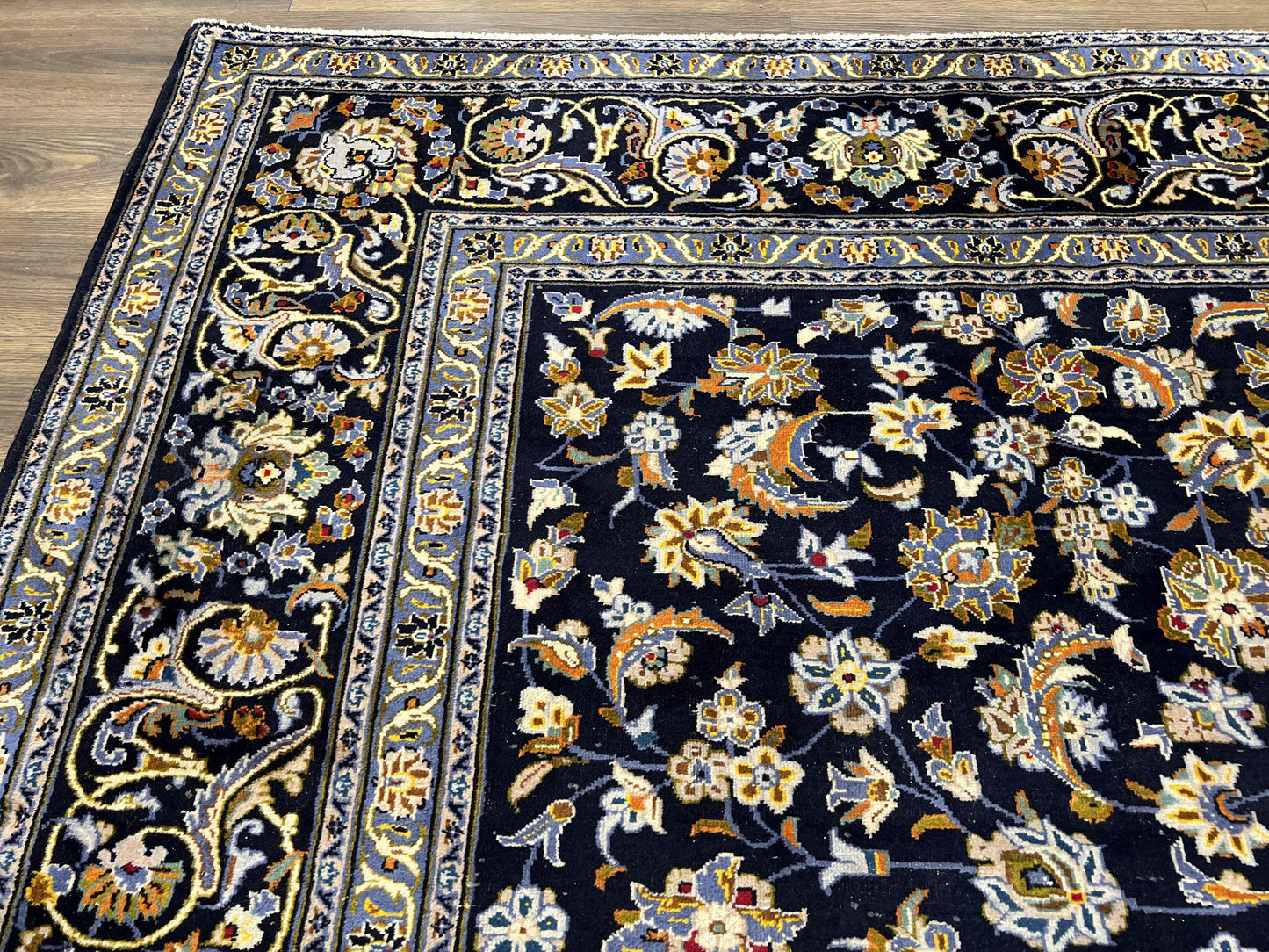 USED Wonderful Navy Blue Persian Kashan Rug 11x13, Allover Floral Design with Central Medallion, Wool Hand-Knotted Antique Carpet, Signed Rabani Rug