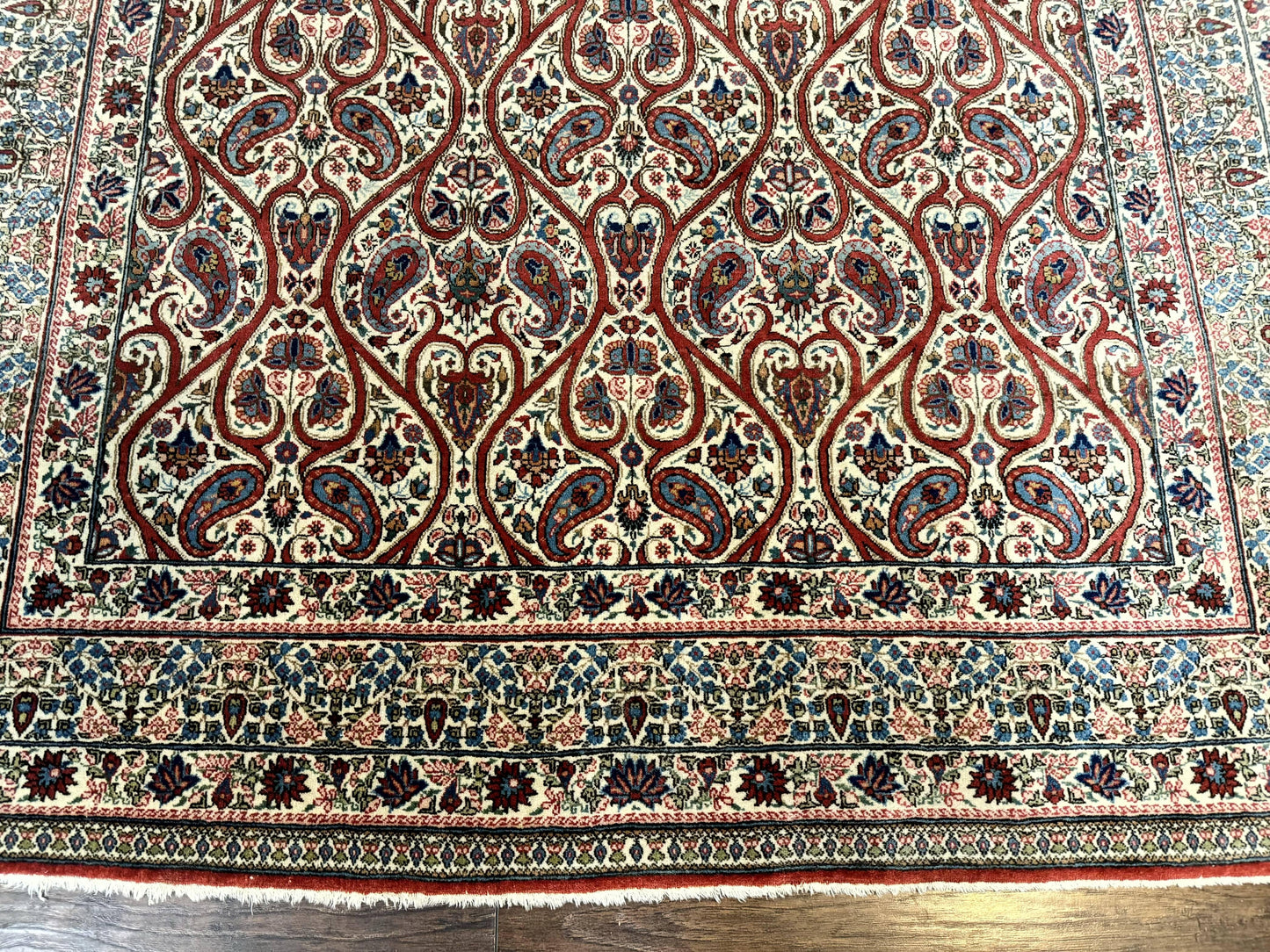 USED Unique Persian Qum Rug 5x7, Repeated Paisely Boteh Design, Ivory Red Blue, Handmade Antique Wool Persian Carpet, Finely Hand Knotted