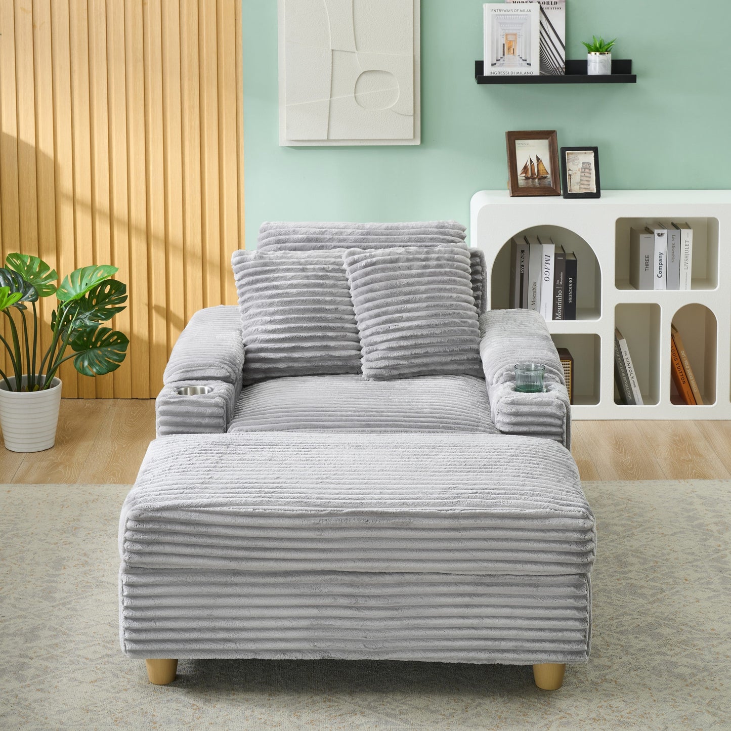 NEW Gray Corduroy Fabric Single Seater Oversized Loveseat with Storage Ottoman