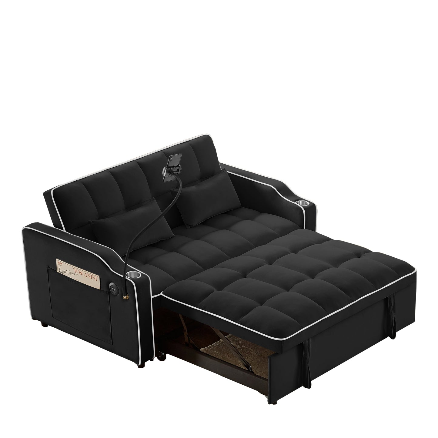NEW 1 versatile foldable sofa bed in 3 lengths, modern sofa sofa sofa velvet pull-out bed, adjustable back and with USB port and ashtray and swivel phone stand (black)