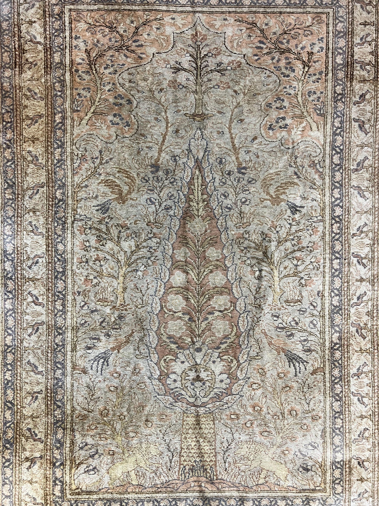 USED Turkish Kayseri Silk Rug 4x6, Tree of Life Pattern, Vintage Handmade Hand Knotted Carpet, Animal Pictorials, Birds