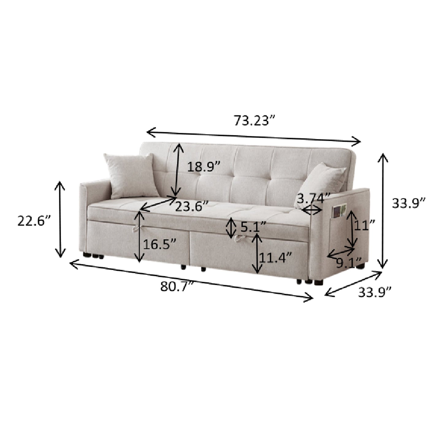 NEW Beige Fabric 3 Seat Pull-out Double Sleeper Sofa Couch with Storage Armrest