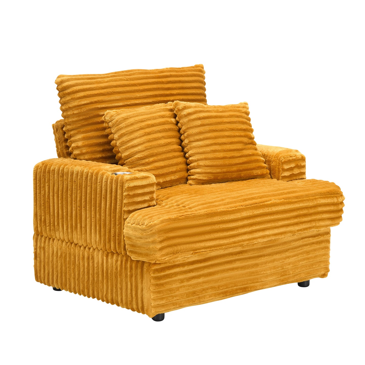 NEW 39-inch Corduroy Fabric Spring Upholstered Comfortable Single Sofa Armchair and Ottoman Set with Cup Holder