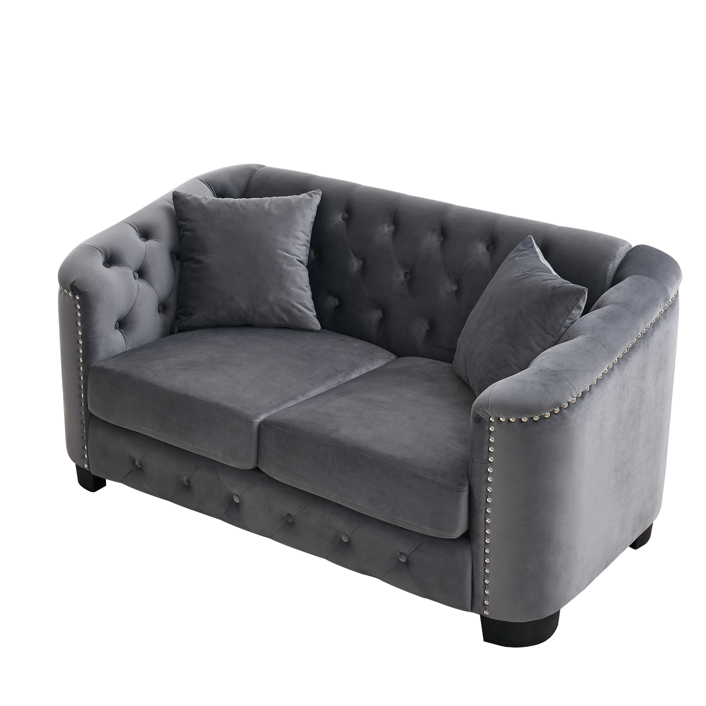 NEW Grey 59-Inch Modern Chesterfield Velvet Sofa 2-Seater Couch Upholstered Tufted Backrests with Nailhead Arms and 2 Cushions