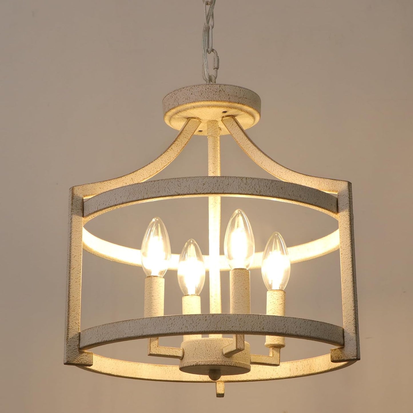 NEW Distressed White 4 Light Farmhouse Chandelier Convertible Mount