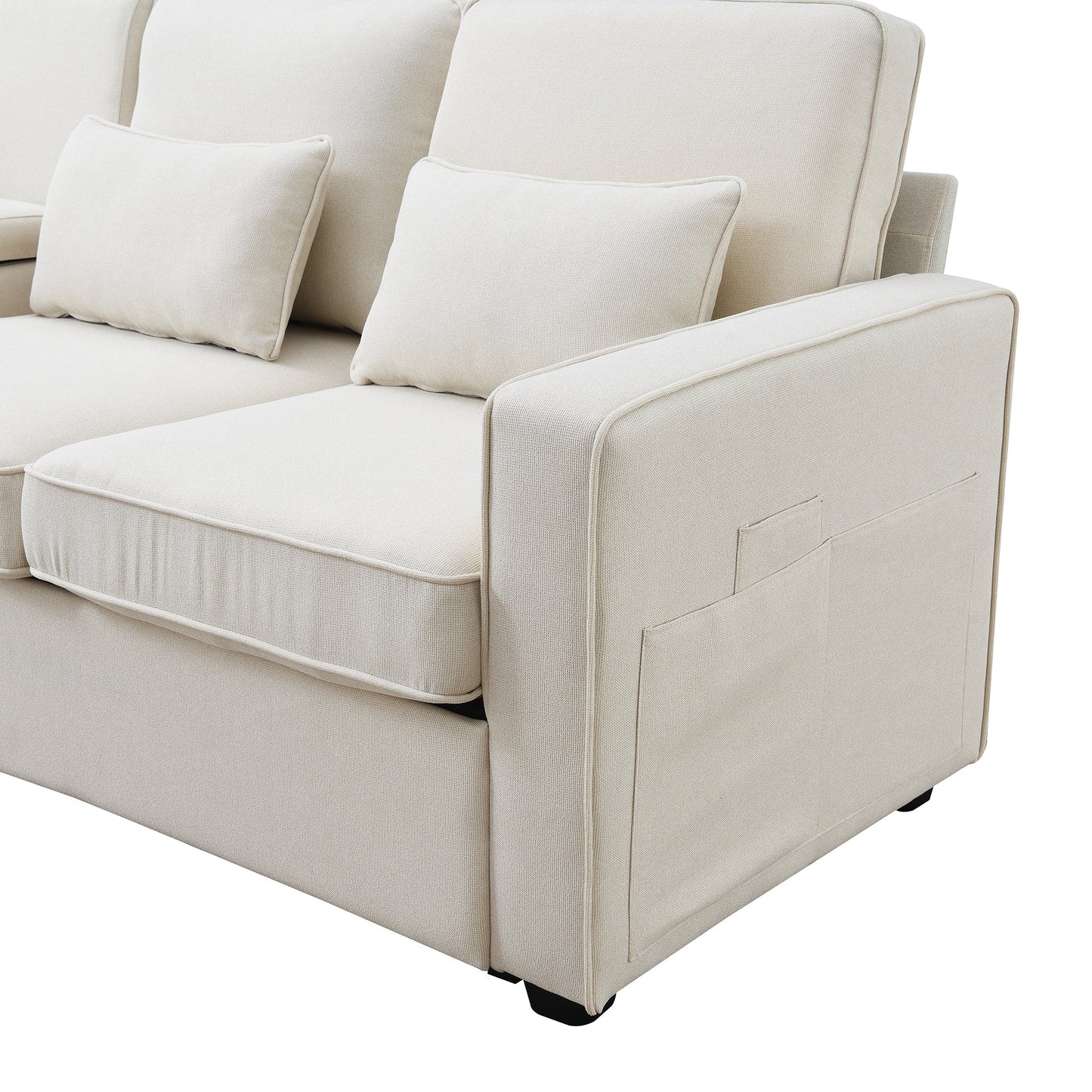 NEW Modern Linen Fabric Upholstered Sofa Couch with Console 2 Cupholders 2 USB Ports Wired or Wirelessly Charged 4 Pillows