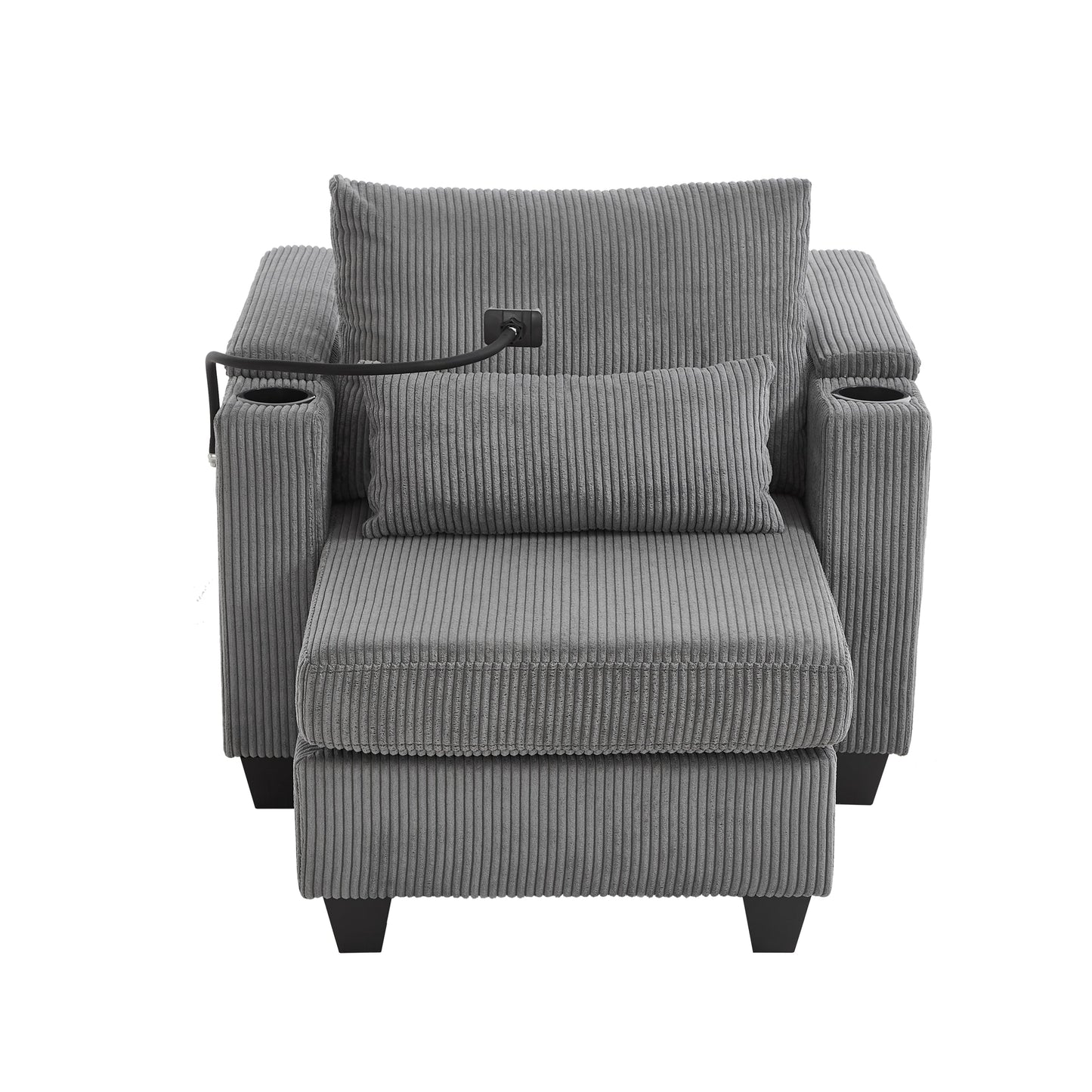 NEW Convertible Chaise Lounge Sofa Chair Corduroy Sleeper with USB Ports Cup Holders and Storage