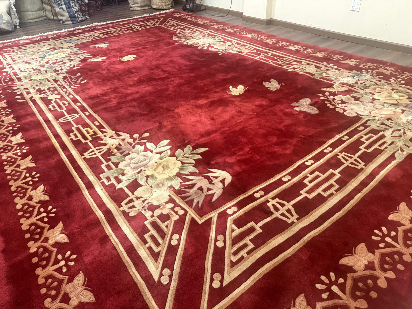 USED Palace Size Chinese Wool Rug 12x18, Red Art Deco Chinese Carving Carpet, Butterflies Flowers