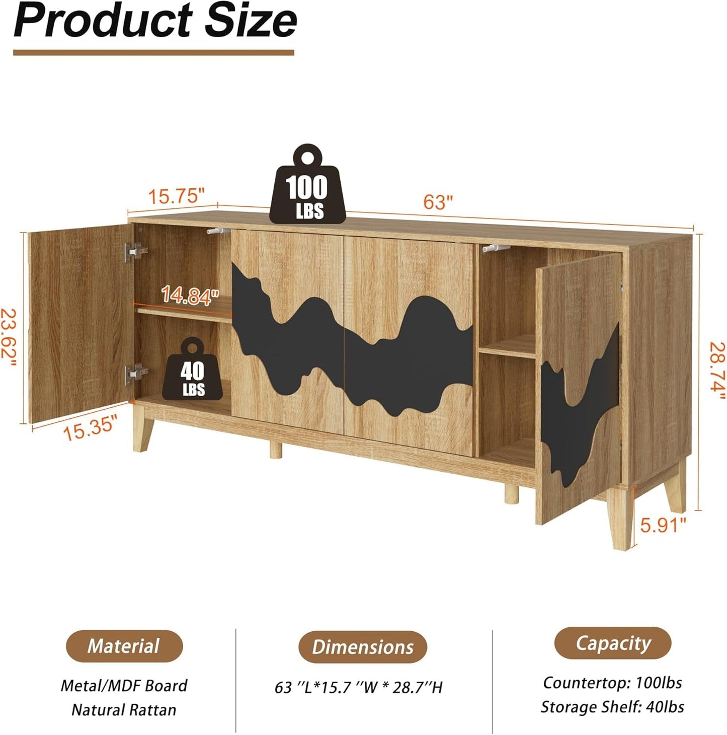 NEW 63 Inch Buffet Cabinet White With Blue Water Pattern
