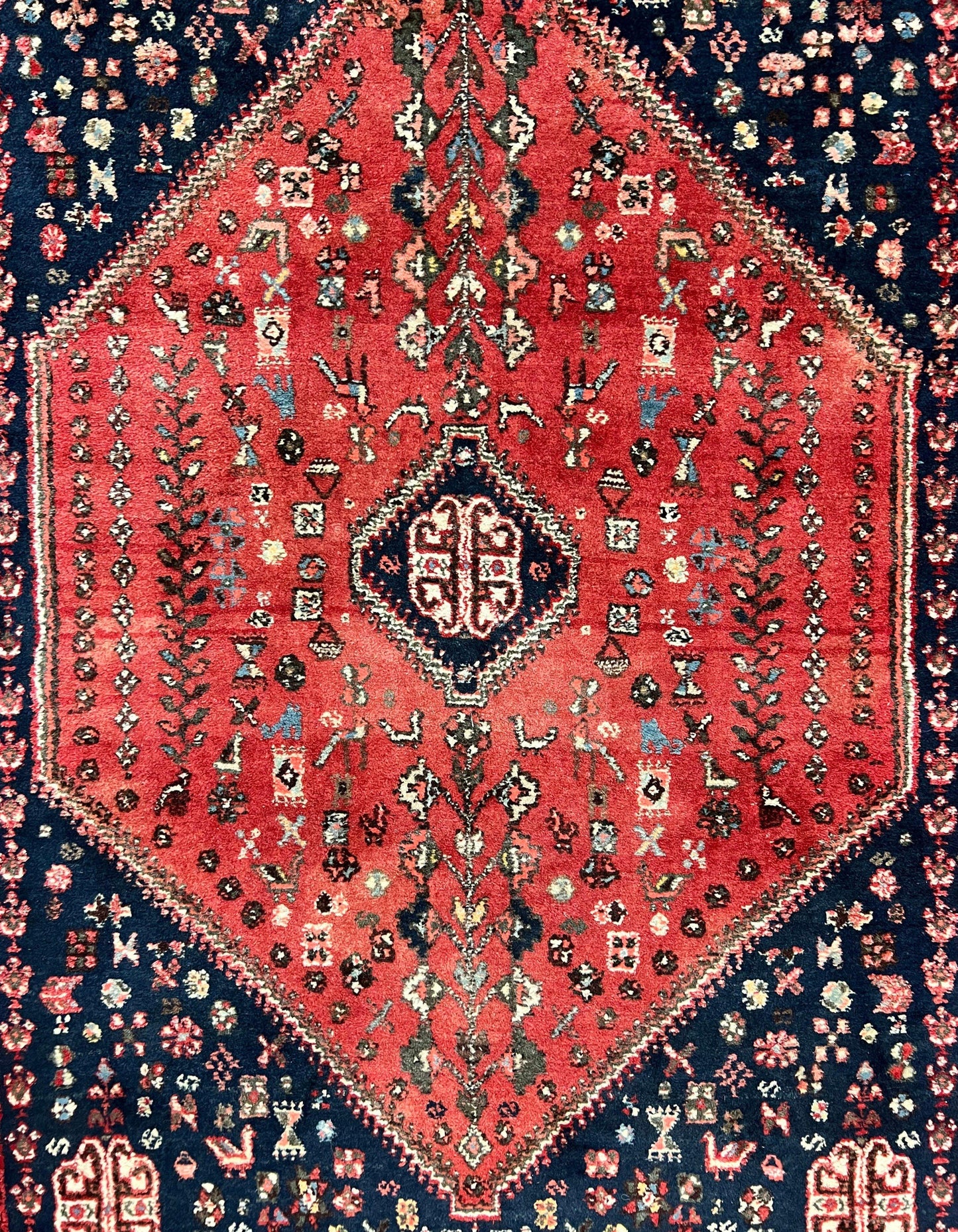 USED Persian Tribal Rug 3.6 x 5 ft, Persian Abadeh Rug, Geometric Medallion Bird Motifs, Red and Navy Blue Hand Knotted Handmade Wool Vintage Oriental Carpet