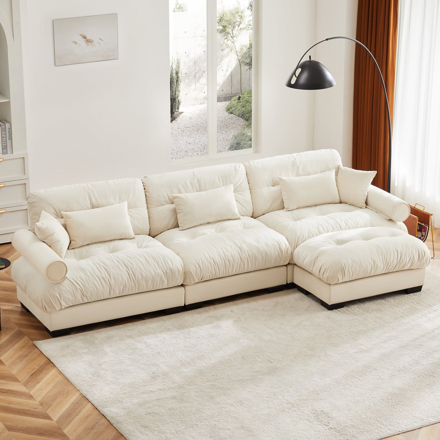 NEW Cream Super Comfort Oversized Modular Velvet Sectional Sofa Couch with Movable Ottoman