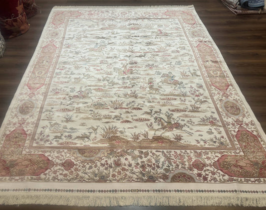USED Large Turkish Silk Rug 8x10, Ivory, Hunting Design, Bamboo Silk, New
