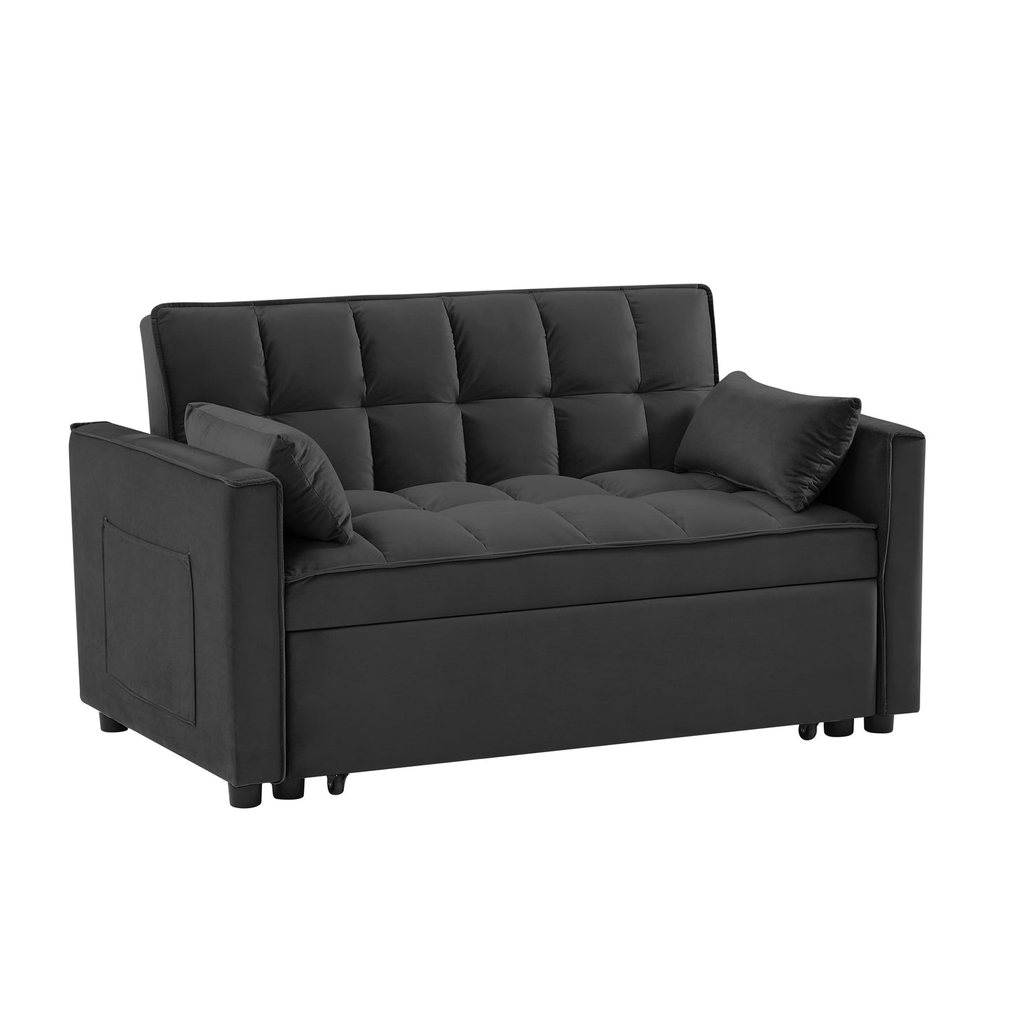 NEW Modern Velvet Convertible Loveseat Futon Sofa with Pullout Bed, Reclining Backrest, Black