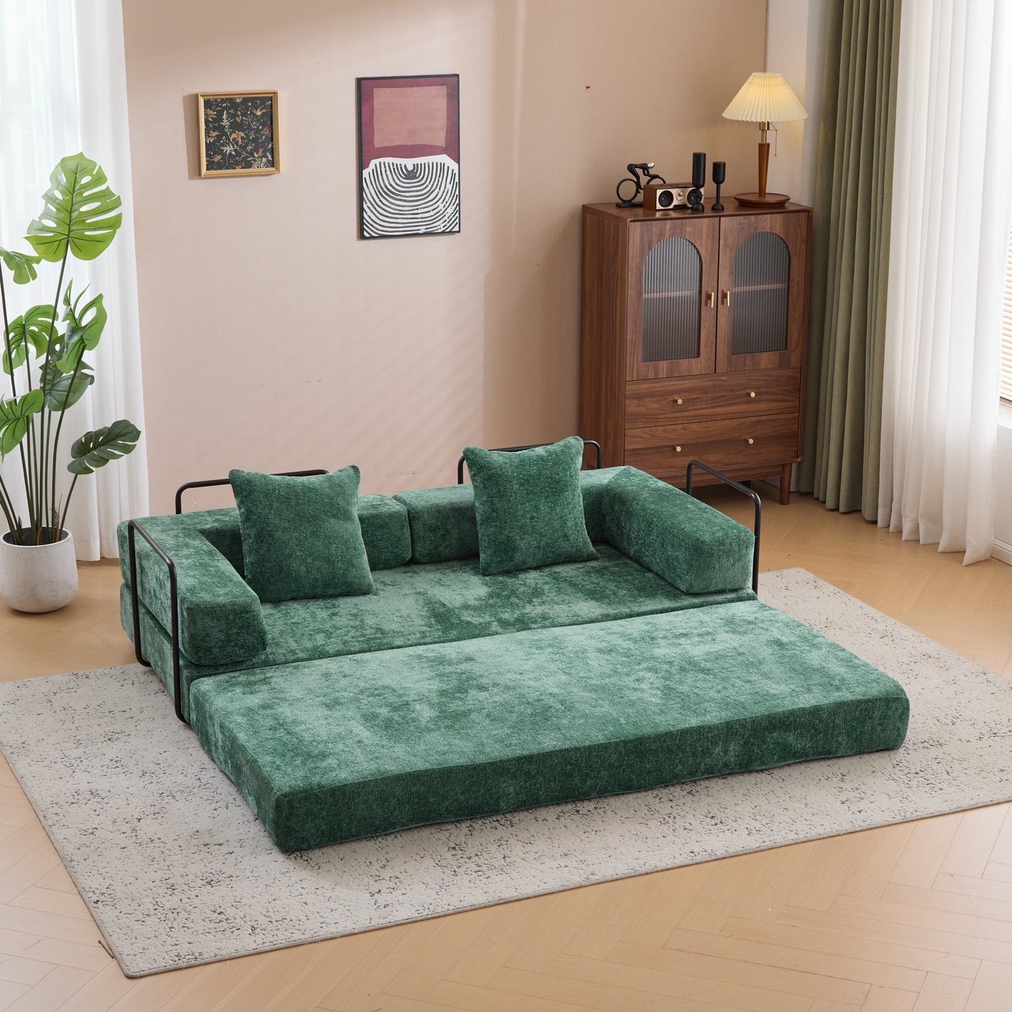 NEW Dark Green Chenille Fabric Floor Compression Convertible Sofa Bed