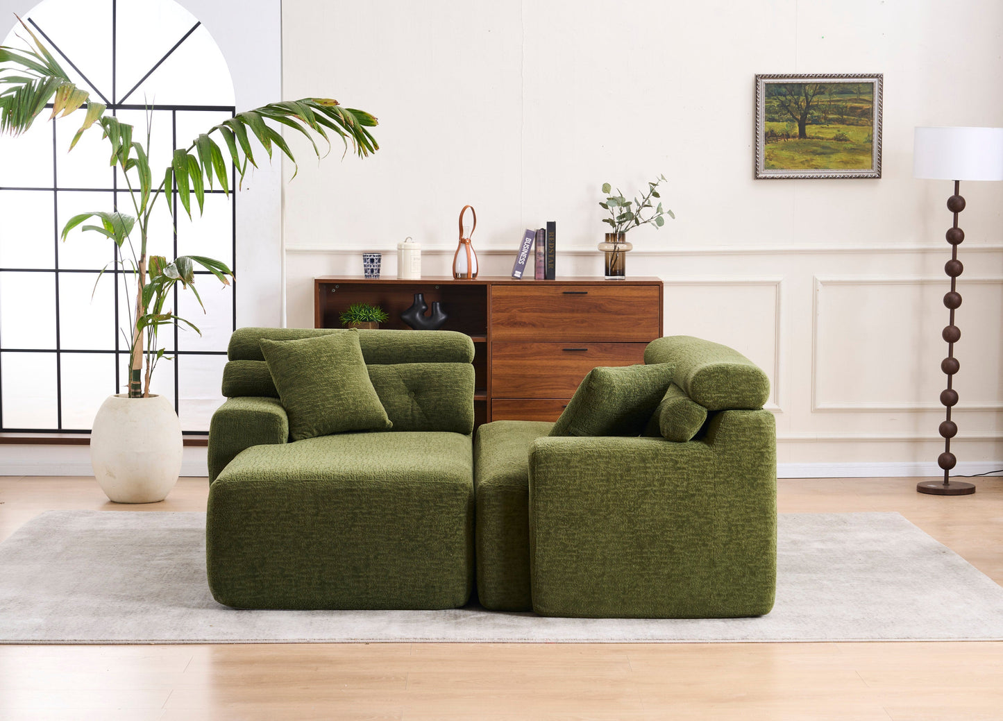 NEW 105' Modula Compression Sponge L-Shaped, Chesterfield-Inspired Design, No-Assembly Chenille Couch, 30D High-Density for Living Room, Bedroom, Apartment.Green.