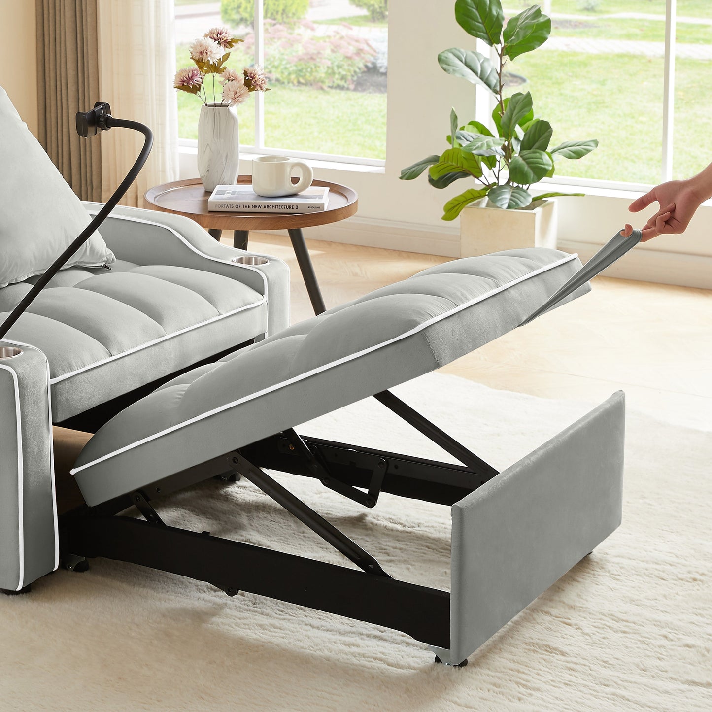NEW 3-in-1 Grey Velvet Convertible Adjustable Pull Out Sleeper Chair Sofa Bed with Multi-Pockets
