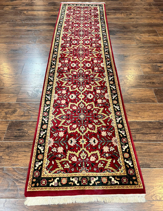 USED Indo Persian Runner Rug 2.6 x 10, Floral Hand Knotted Wool Hallway Rug, Red