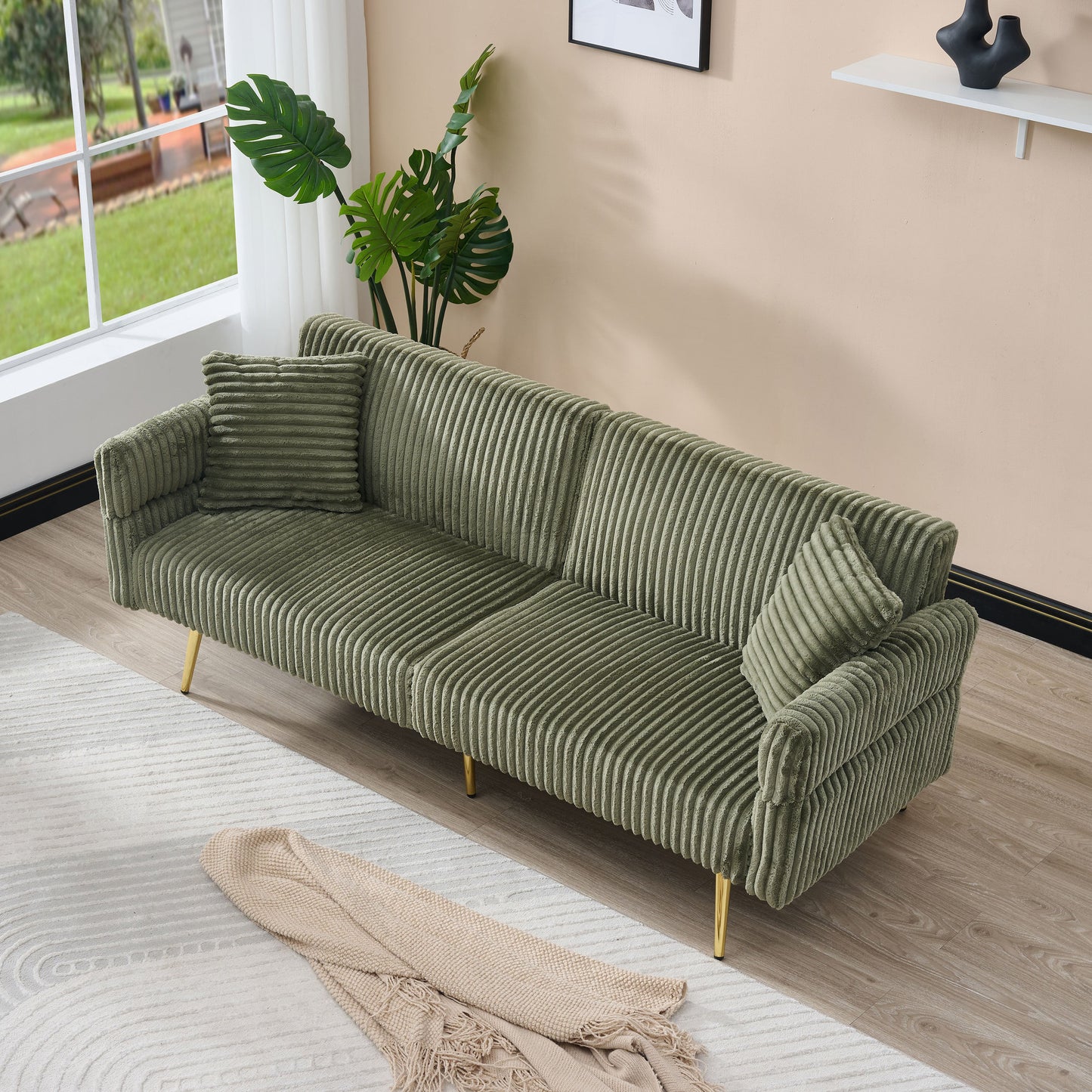 NEW Modern Corduroy Sofa Bed, Foldable Double Sofa with Armrests, Green Velvet, 79 Inch