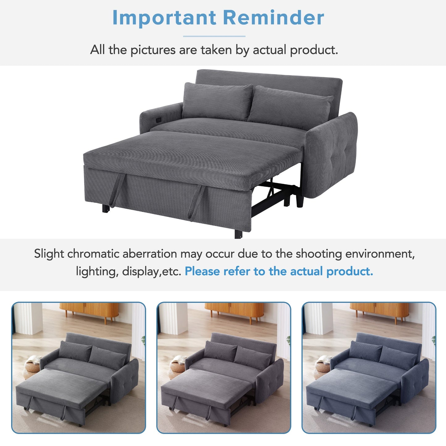 NEW 54.5’ Dark Grey Corduroy Modern Convertible Pull-out Sofa Bed