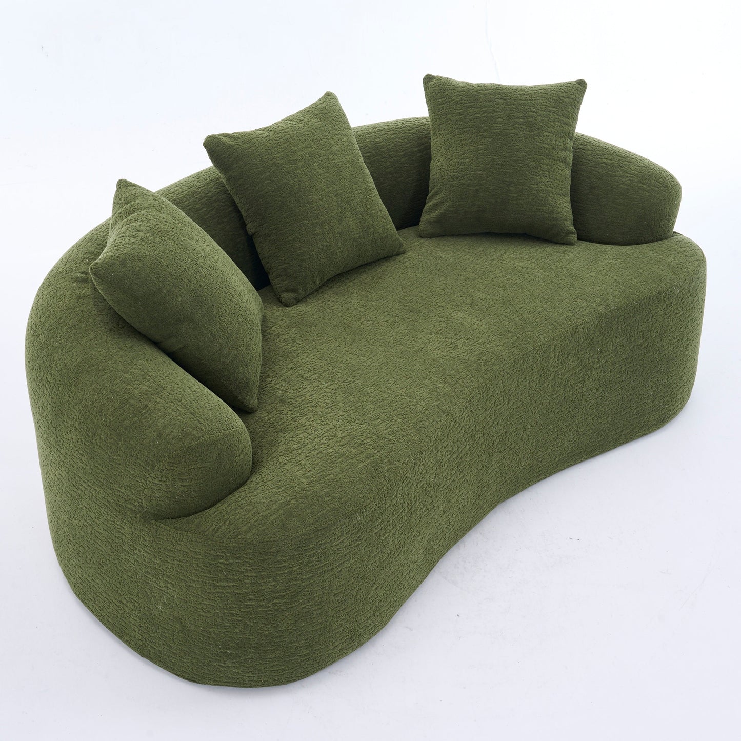 NEW Green Curved Loveseat: Compressed No Assembly, Chenille Small Sofa, 30D Sponge, Compact for Apartments, 65' L, 300Lbs, 3 Pillows
