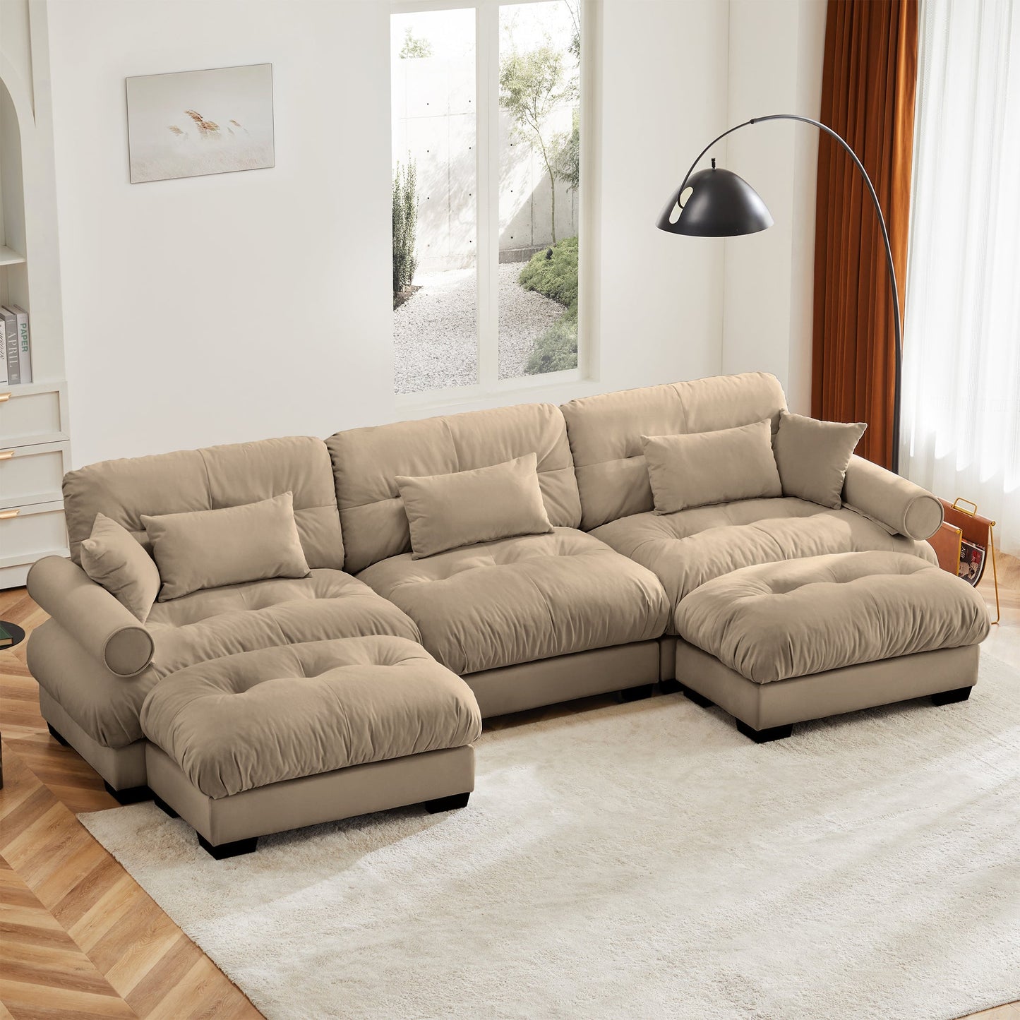 NEW Modern U Shape Modular Sectional Sofa Couch with Movable Ottomans, Camel Velvet, Convertible L Shaped Living Room Sofa