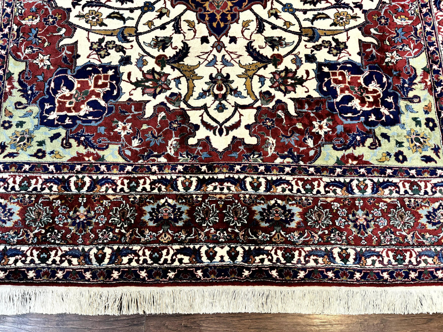 USED Wonderful Persian Isfahan Rug 7x9, Ivory Navy Blue Red, Floral Medallion, Very Finely Hand Knotted 260 KPSI, Handmade Wool Vintage Rug