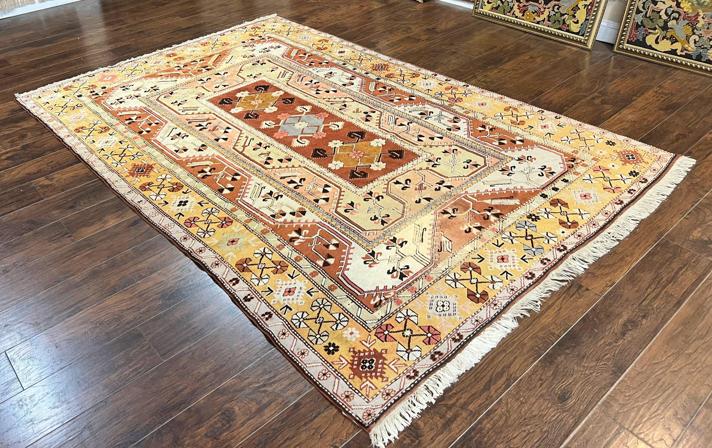 USED Turkish Rug 7x10, Wool Hand Knotted Vintage Carpet, Geometric Kazak Pattern