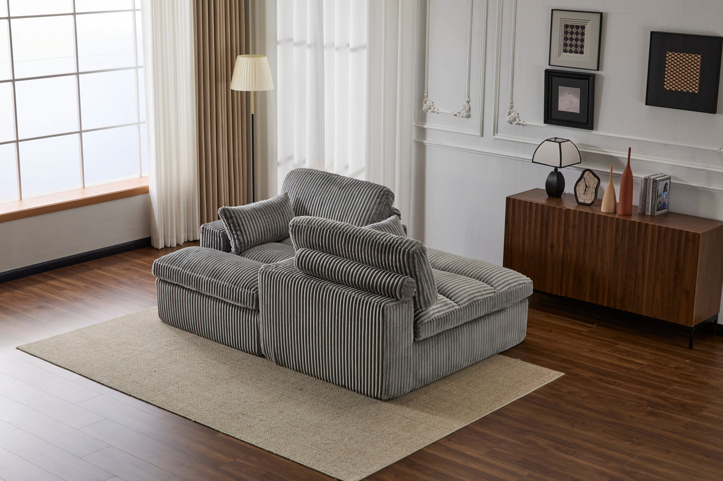 NEW Indoor Grey Corduroy Oversized Upholstered Double Chaise Lounge Chair Oversized Upholstered Sleeper Cloud Couch Deep Seat Luxury Sectional Sofa Bed Chaise Lounge