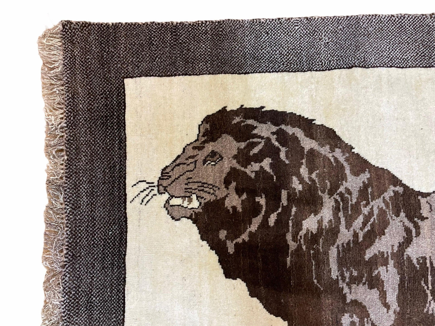 USED 3 x 5 Handmade Rug Brown Beige Hand-Knotted Lion Rug New Vintage Quality Animal