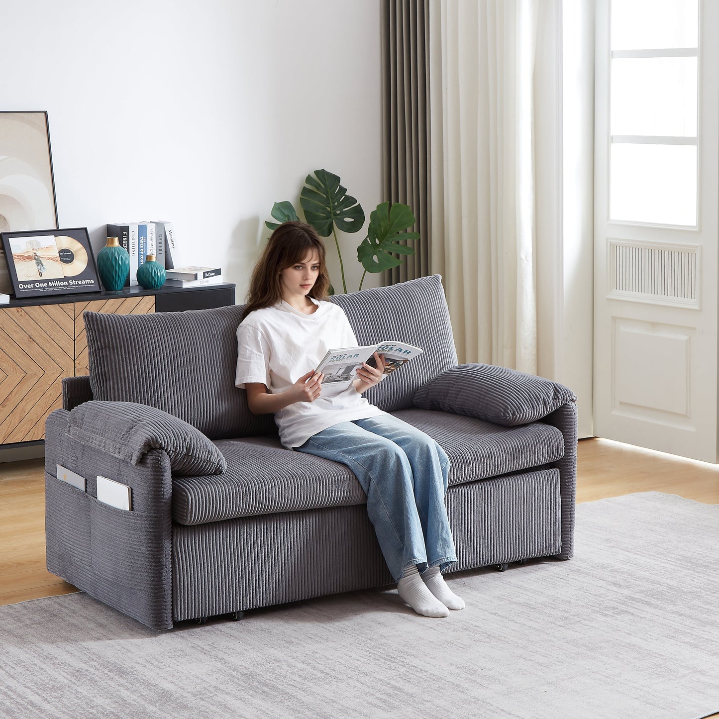 NEW MH'' 3-in-1 Adjustable Sleeper 64.5 Inch Soft Corduroy Convertible Sleeper Sofa Bed with Pullout Bed 2 Pillows and Side Pockets