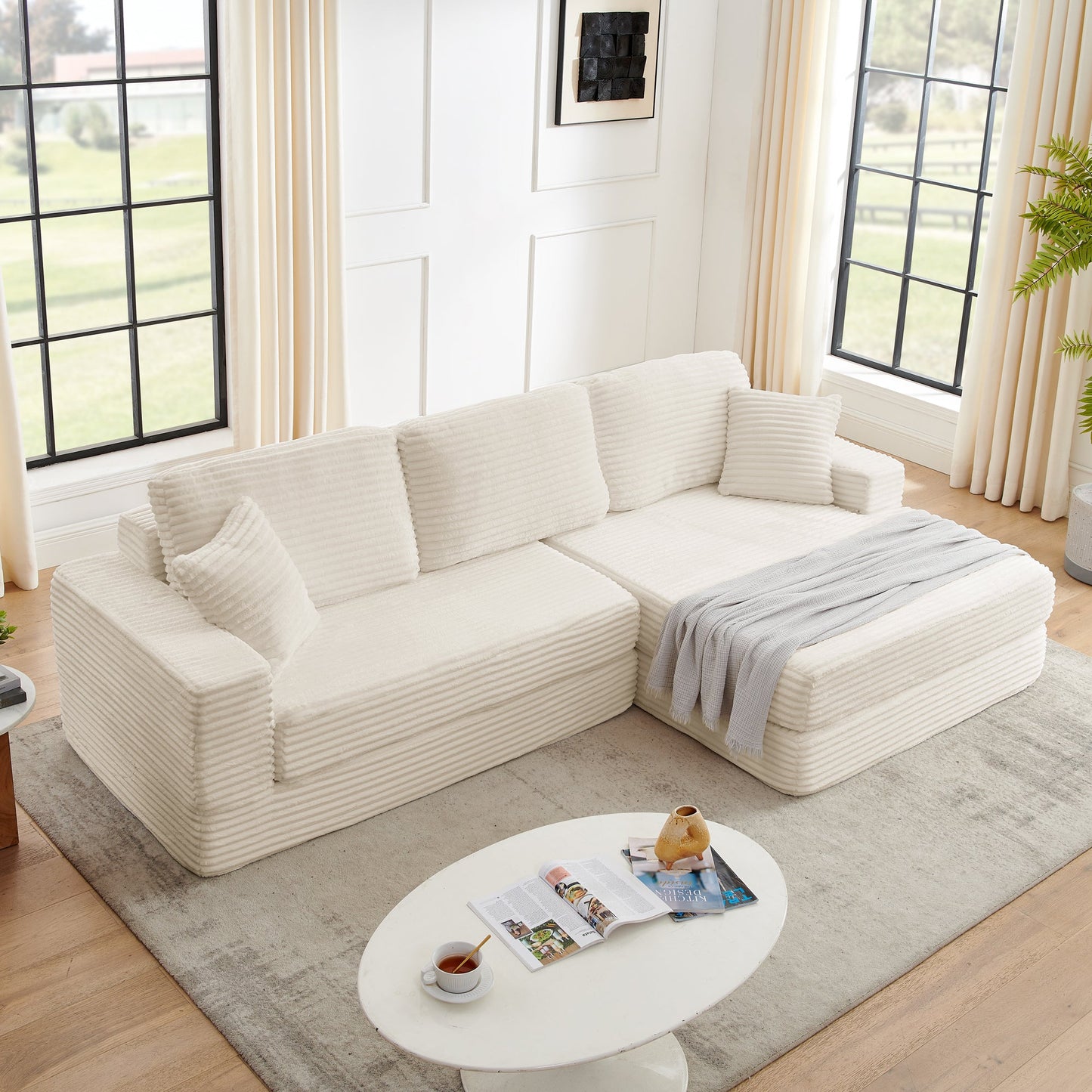 NEW Modern Minimalist Beige Corduroy L-Shaped Modular Sectional Sofa Bed