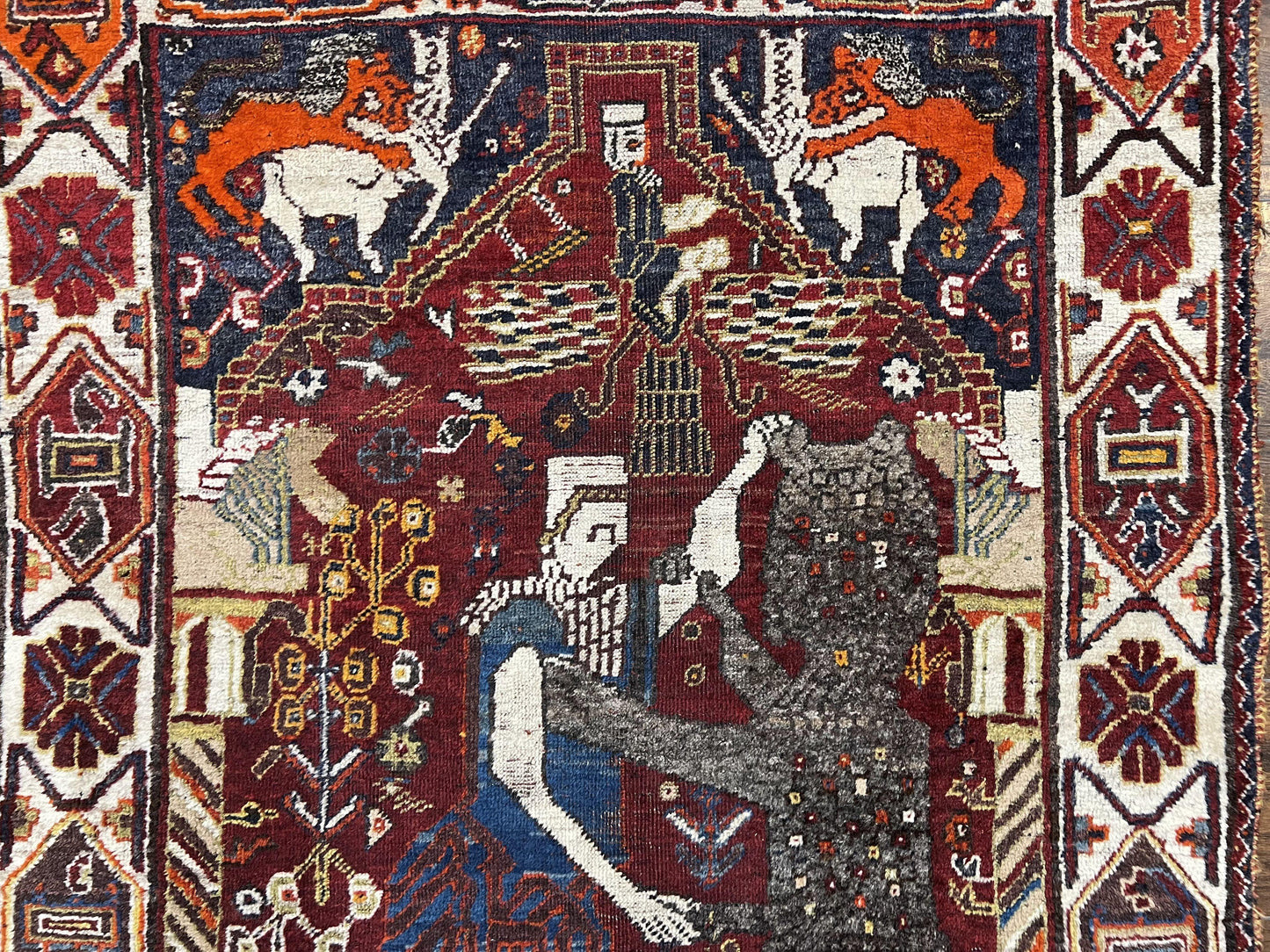 USED Antique Persian Shiraz Pictorial Rug 3.6 x 5, Persian Tribal Rug, Handmade, Lions, Highly Unique Collectible Small Persian Carpet, Maroon, Wool