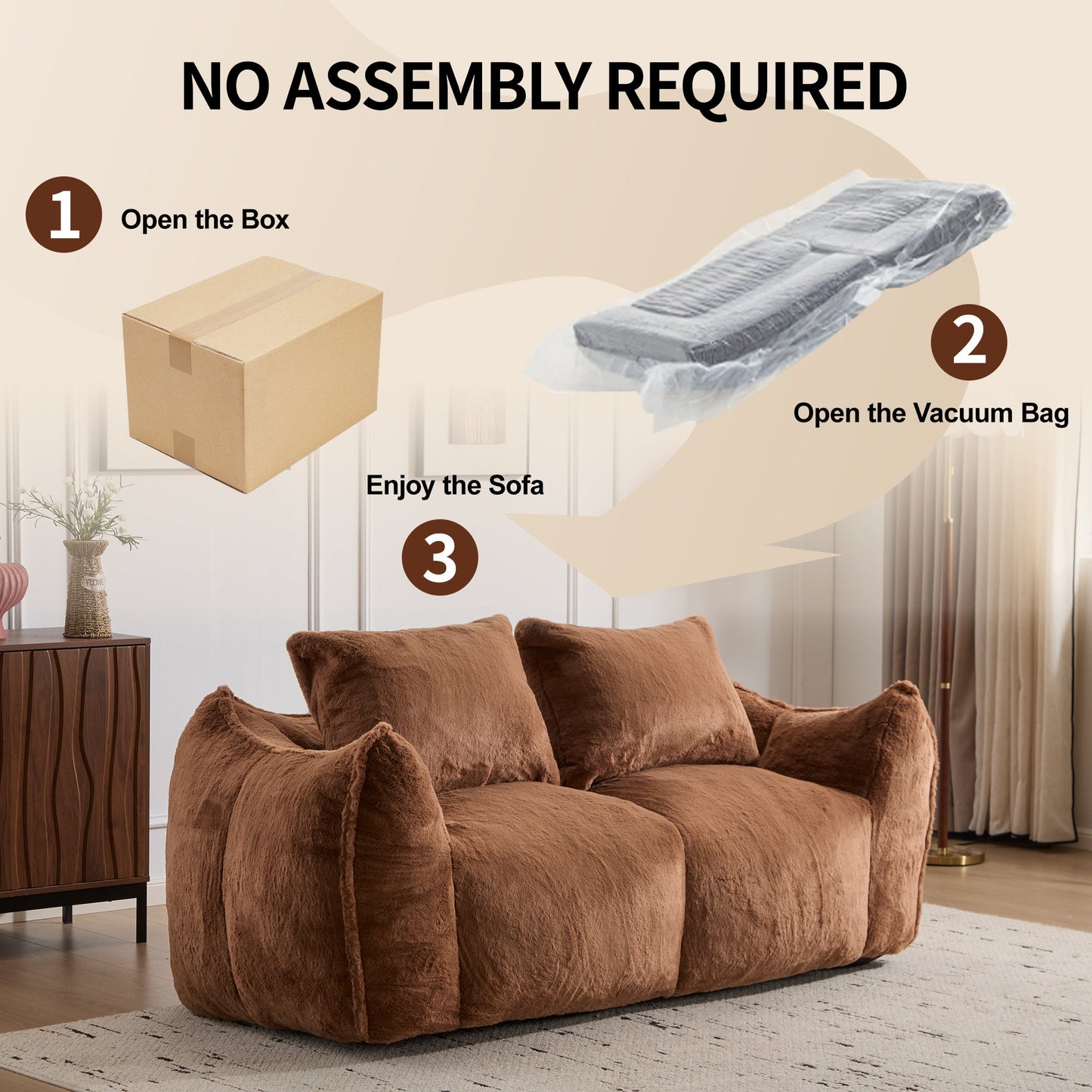 NEW Adult Brown Ultra Soft Fluffy Loveseat Giant Bean Bag Sofa Oversized Chase Lounge Chair with Pillows