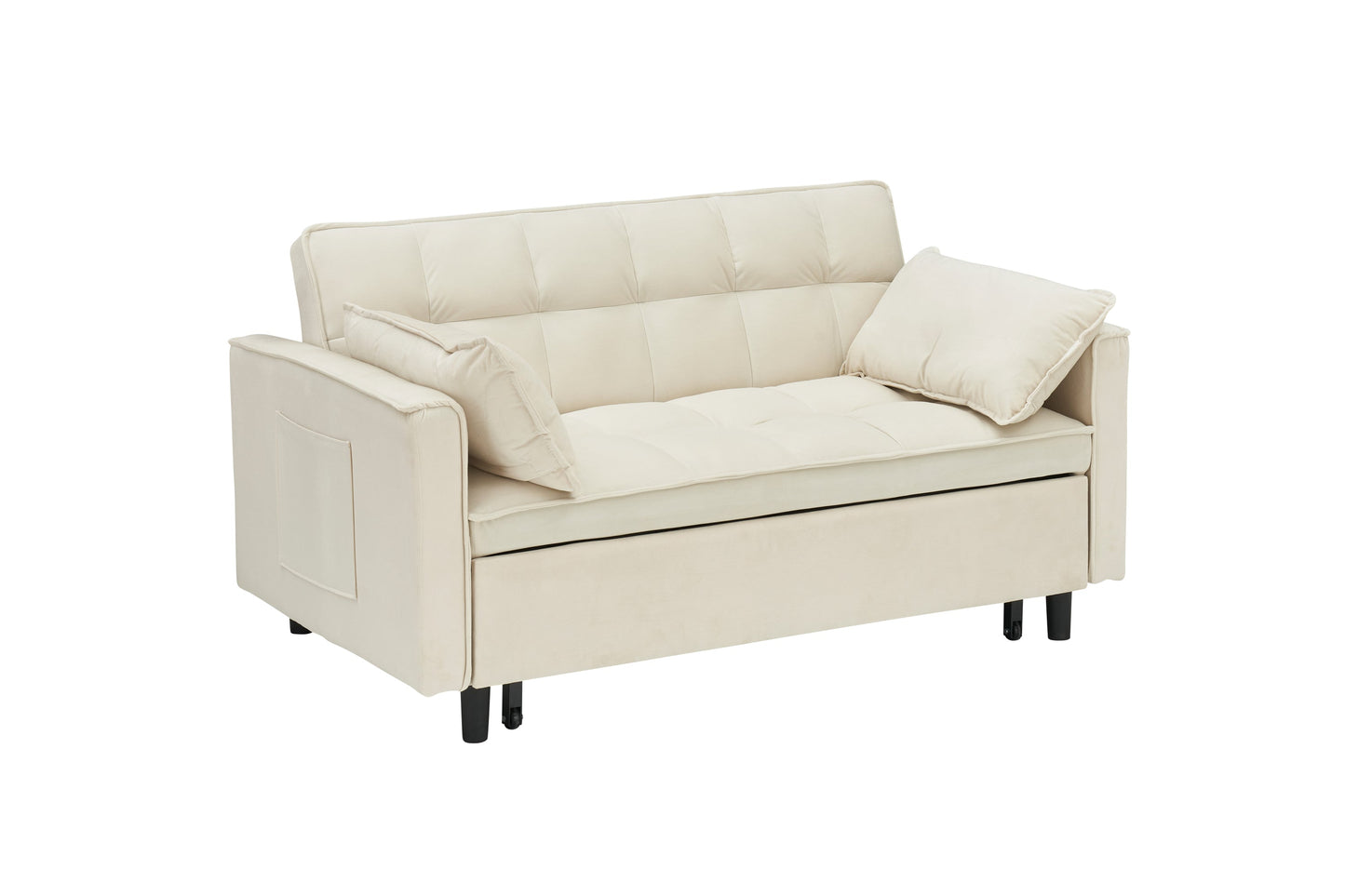 NEW 55-inch Beige Velvet Elegant Sofa Bed Couch with Storage Pockets
