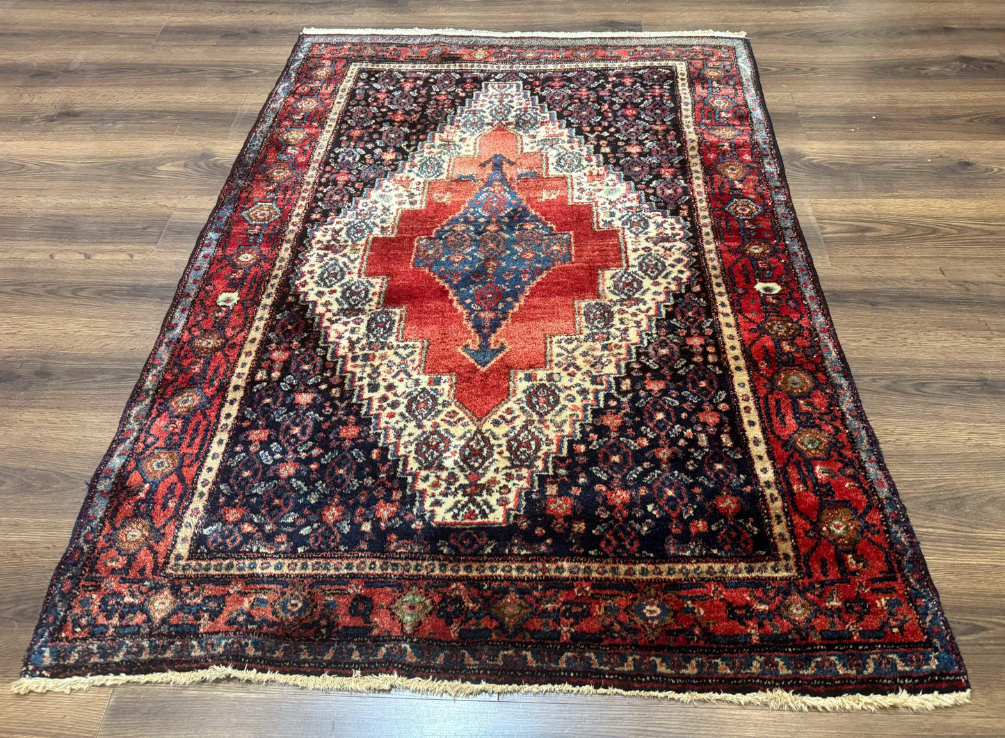 USED Antique Persian Kurdish Senneh Rug 4x5 Tribal Carpet Wool Geometric Medallion