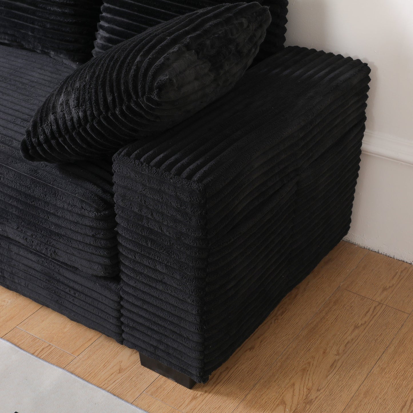 NEW 108.6' Black Thickened Corduroy L-shaped Chaise Sectional Sofa Couch with Storage Ottoman Eight Throw Pillows