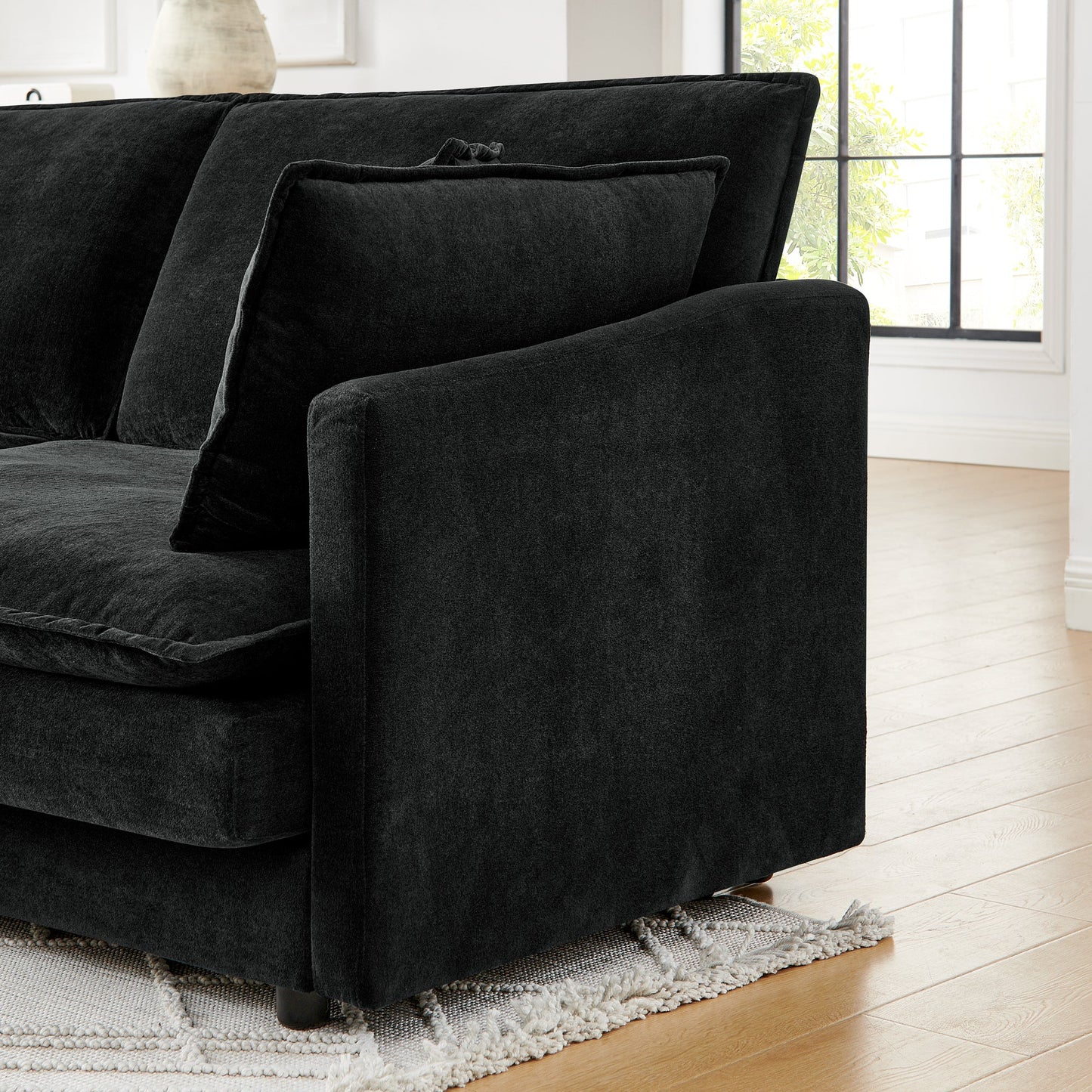 NEW Modern Home Living Room L-Shaped Sectional Sofa Couches with Ottoman, Convertible Oversized 4 Seater Couch Towel Fabric, Black