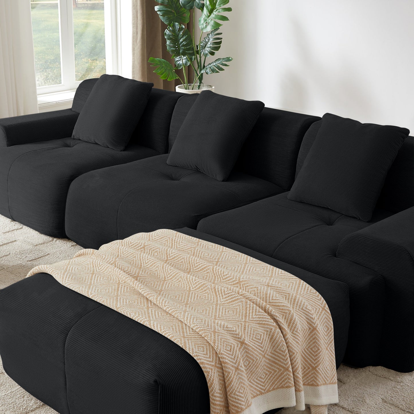 NEW Modern L-Shaped Modular Sectional Sofa in Black Corduroy 113' Oversized 3-Seater Couch with Deep Seat and Movable Ottoman