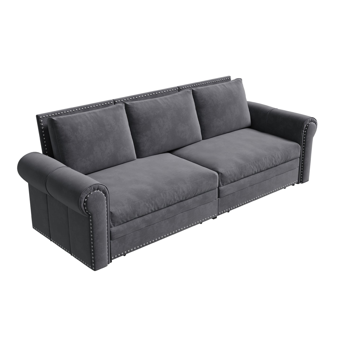NEW 93.7' King Chesterfield Pull Out Couch Bed 3-in-1 Velvet Convertible Sleeper Sofa with Nailhead Trim & Rolled Arm