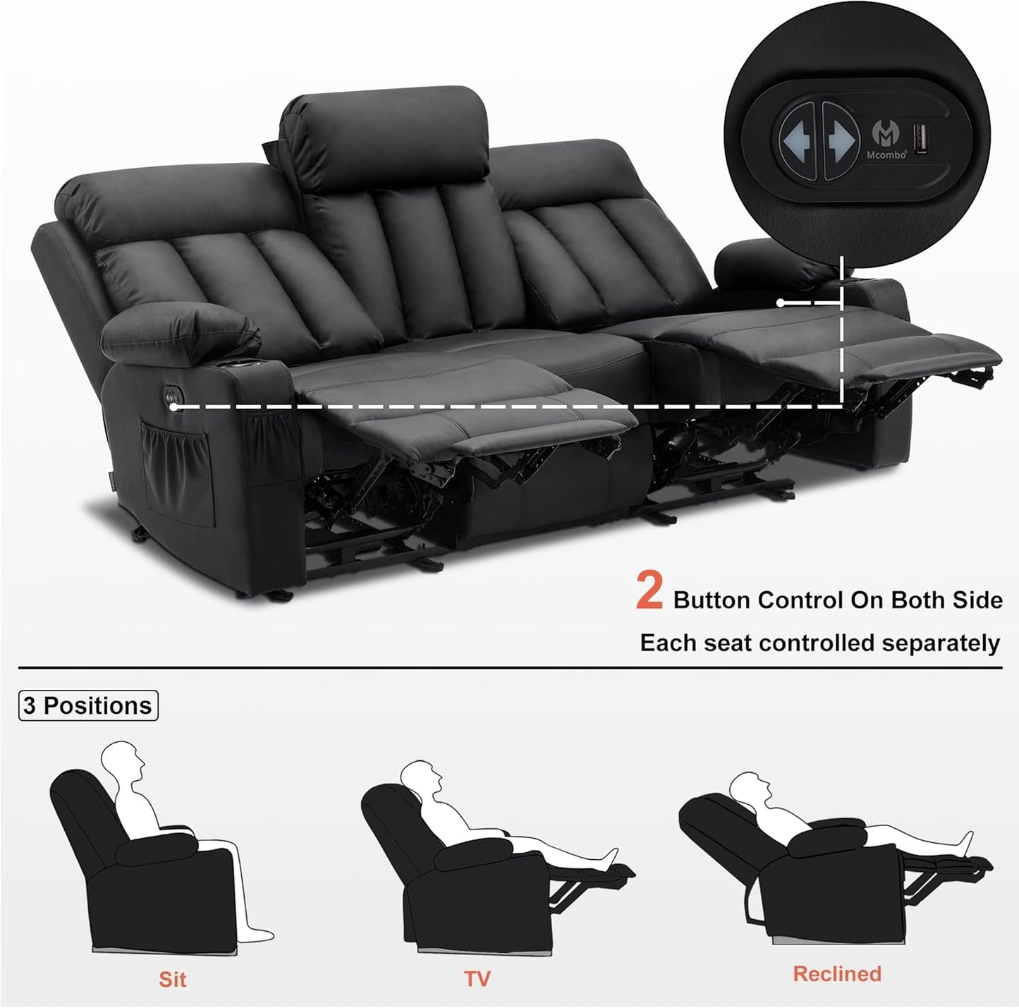 NEW Power Reclining Sofa With Heat And USB Ports Black