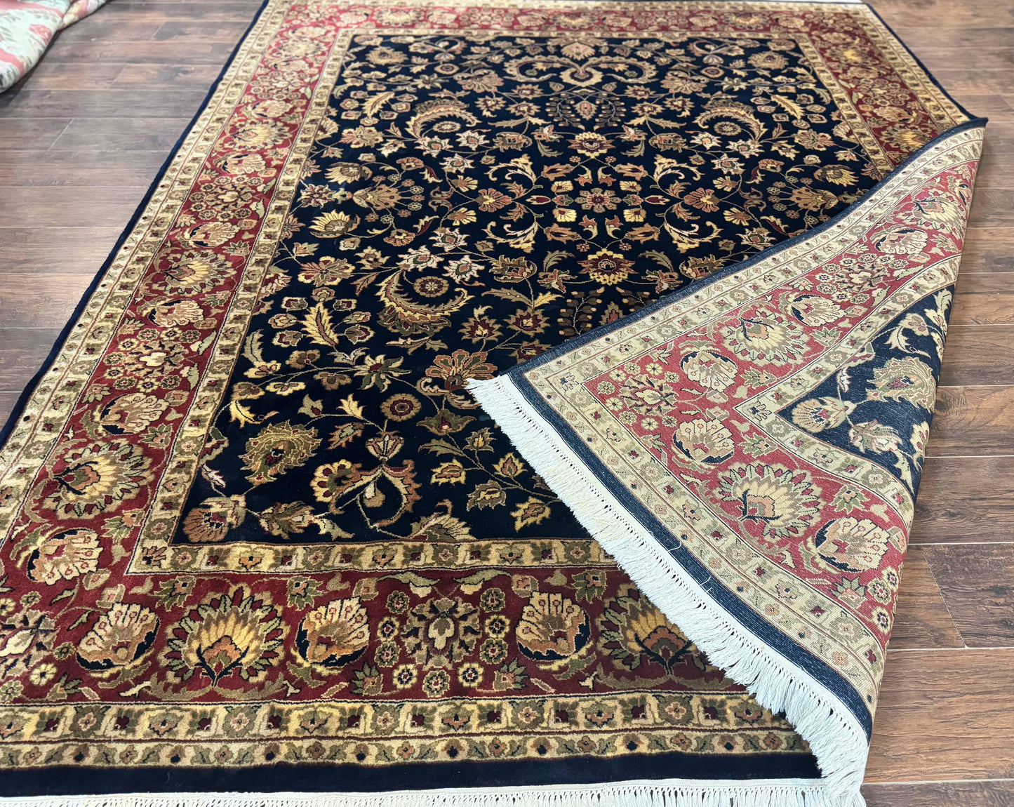 USED Indo Persian Rug 8x10, Navy Blue and Red, Floral Allover, Hand Knotted Vintage Wool Carpet, Indo Sarouk