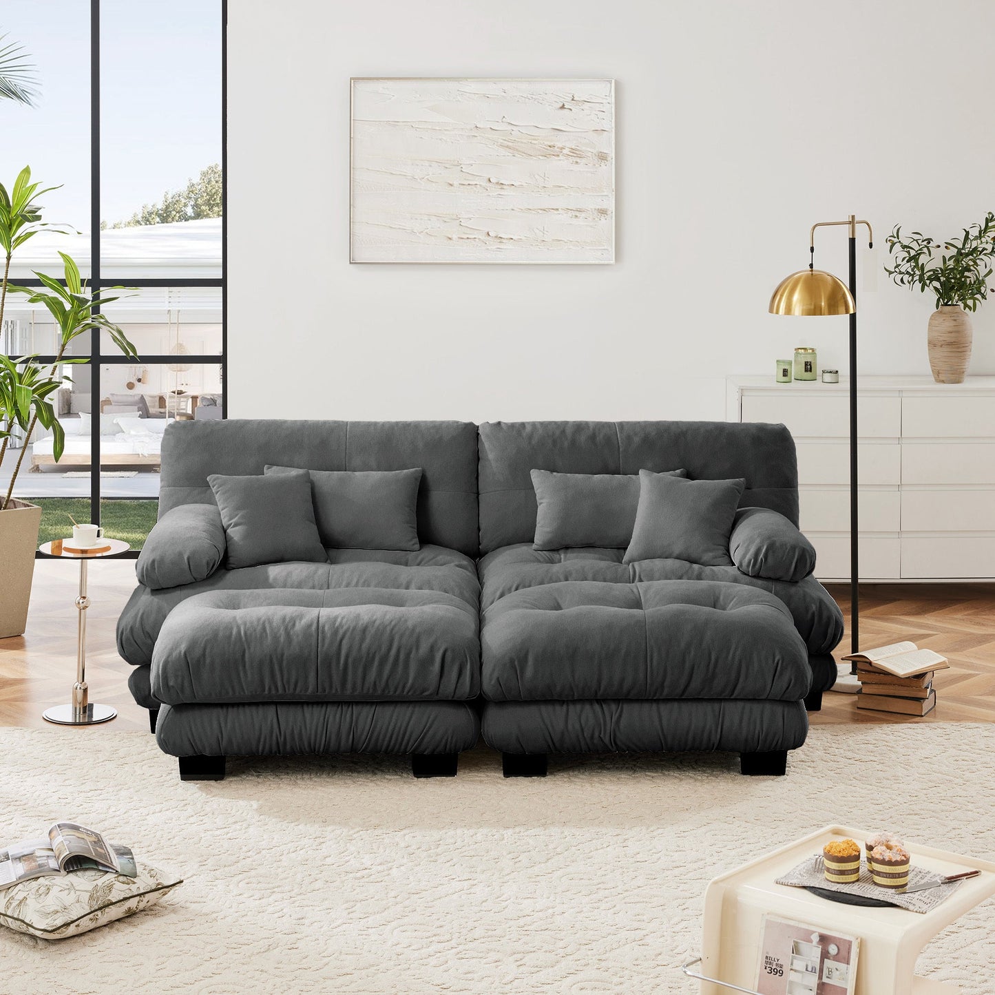 NEW Cloud Gray Chenille 2 Seater Loveseat Upholstered Wide Arm Couch Sleeper Sofa with 2 Lumbar Pillows and 2 Throw Pillows and 2 Ottomans