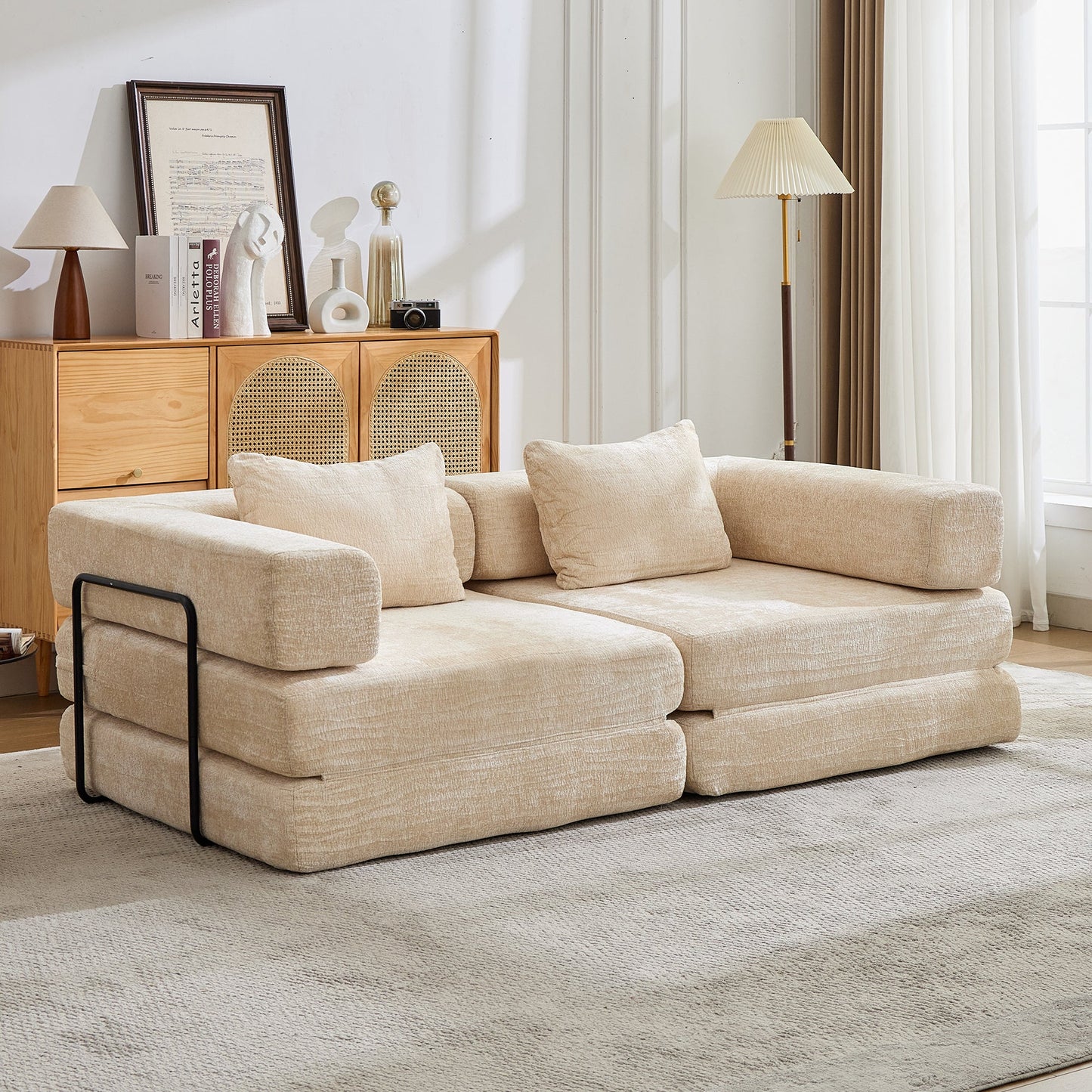 NEW Compression Convertible Floor Fixed-Shape Frame Loveseats Boneless Modular Sectional Sofa Bed in Beige Chenille Fabric