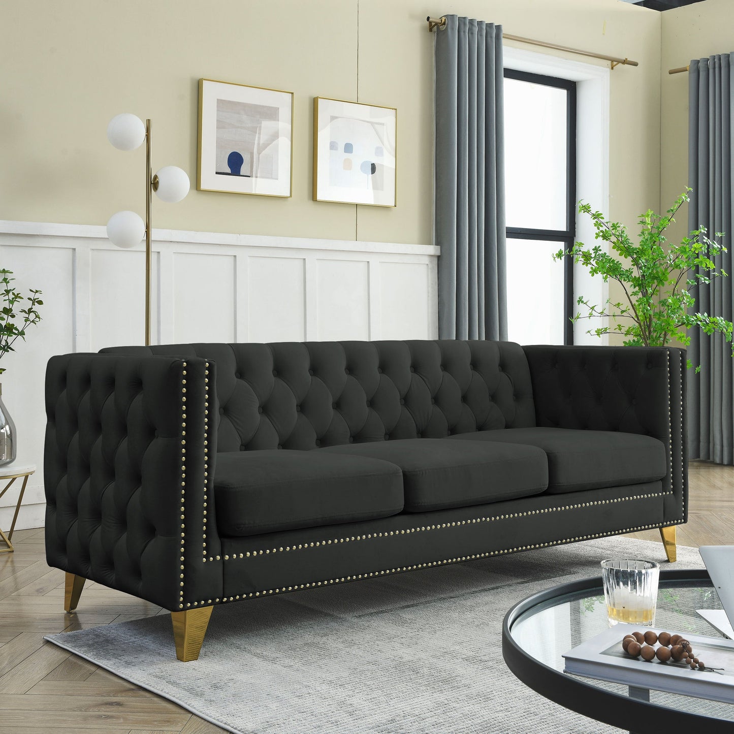 NEW 2pc Black Velvet Tufted Button Square Arm Couch Modern Upholstered Metal Legs Sofa