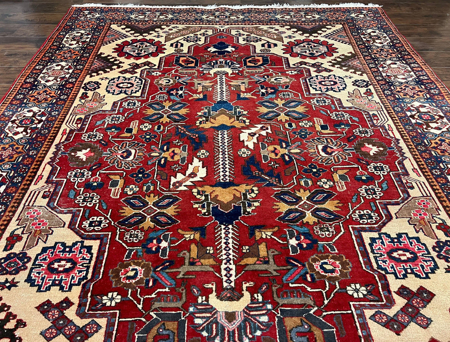 USED Antique Persian Heriz Rug 8x12 ft, Geometric Tribal Room Sized Carpet, Camel Hair Red Navy Blue, Wool Hand Knotted Medallion Oriental Carpet